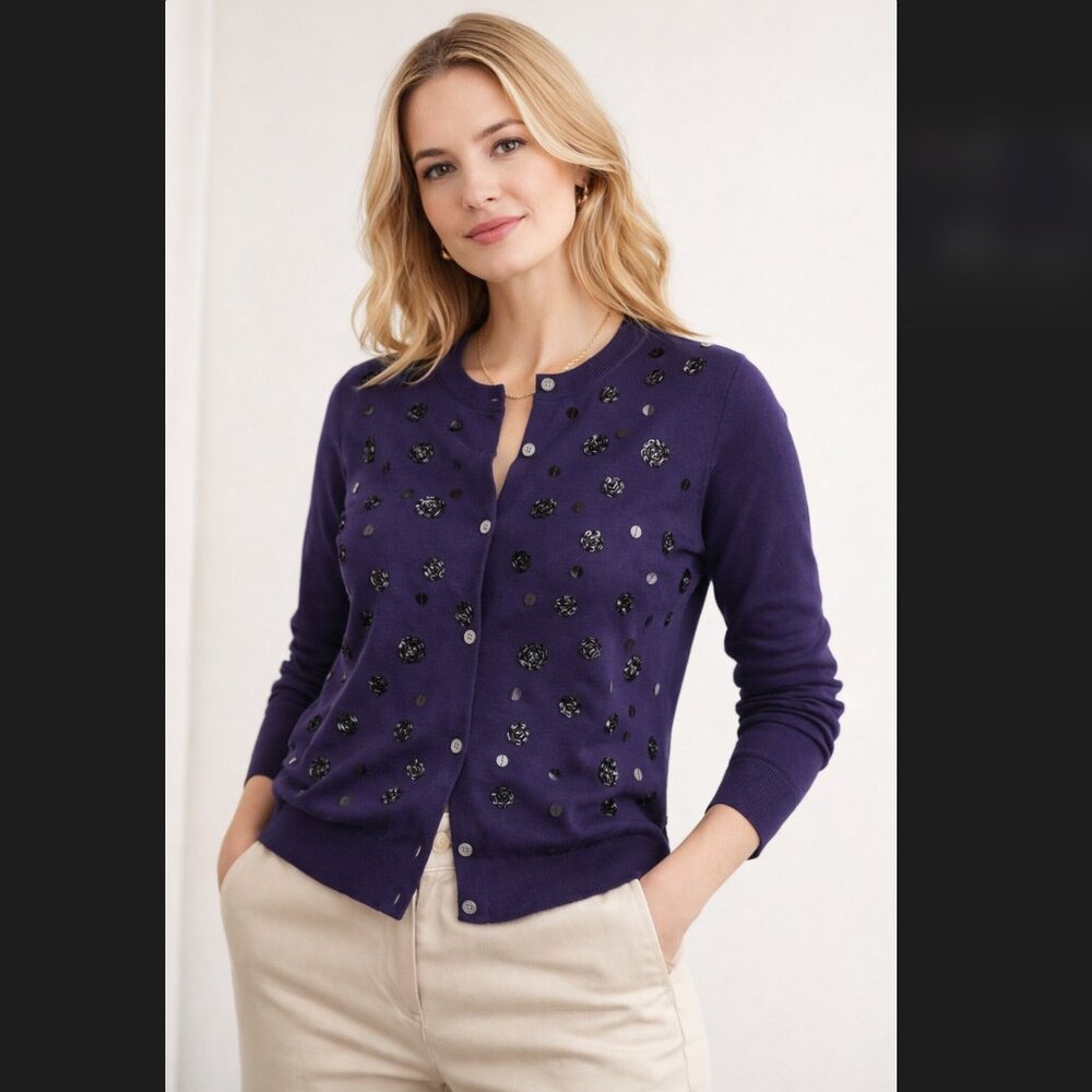J.Crew XL Sequin Beaded Cardigan Sweater Purple Embellished Cotton Preppy AK181